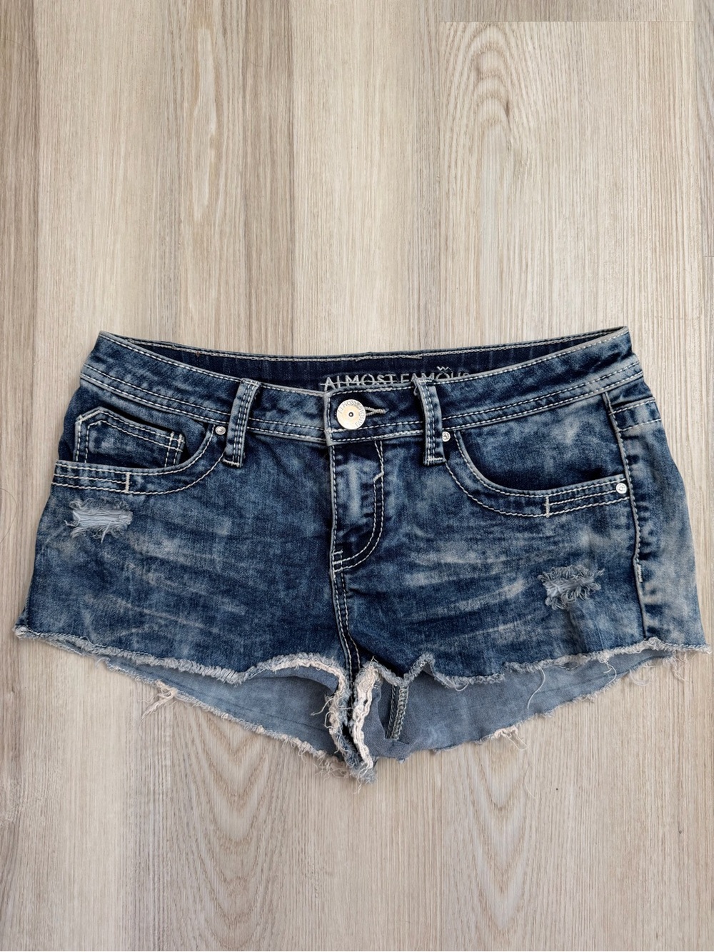 Almost Famous Distressed Denim Cheeky Shorty Shorts Size 7 Ripped Frayed Raw Hem